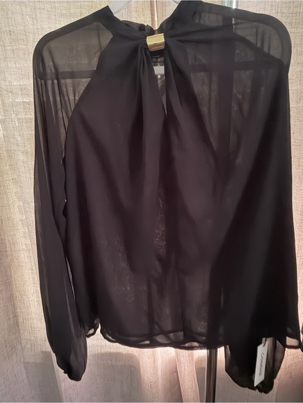 Commense Black Sheer Long-Sleeve Blouse with Keyhole Accent